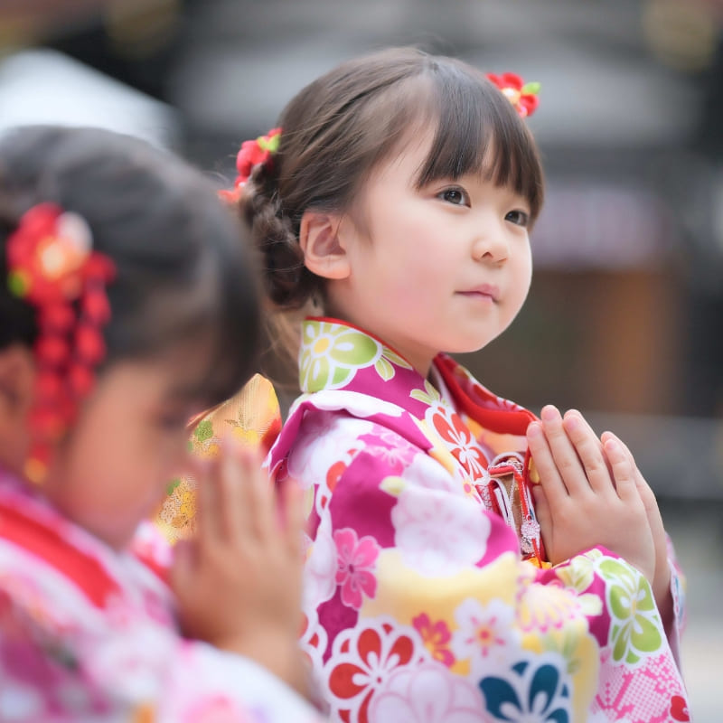 お祈りをする七五三参りの女の子