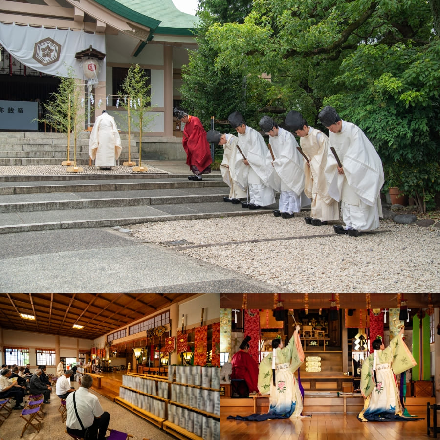 祭典で神職が拝殿に並ぶ写真